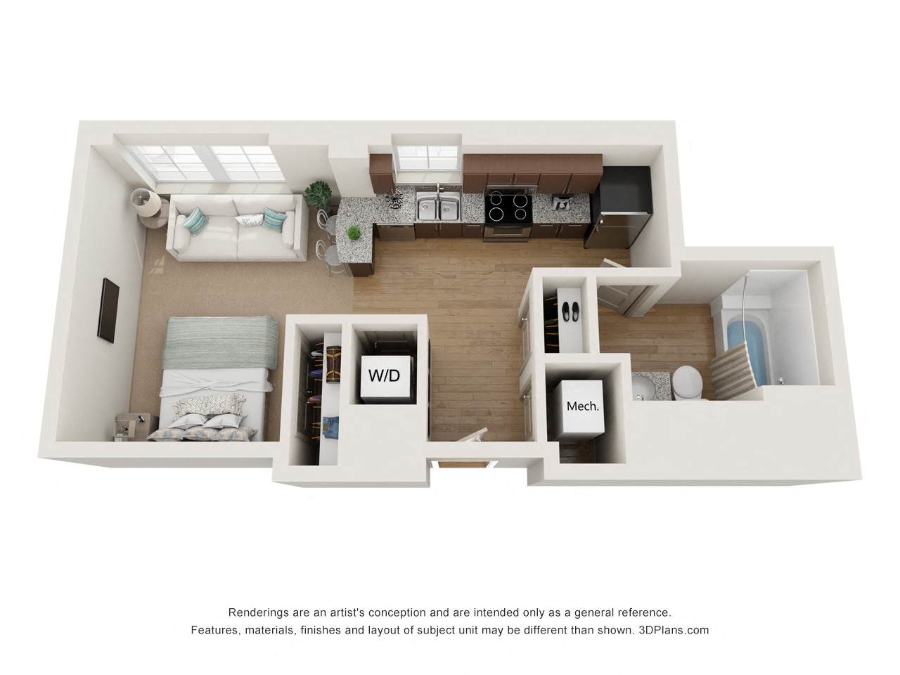 Floor plan for studio, 1 bath, 489 sqft